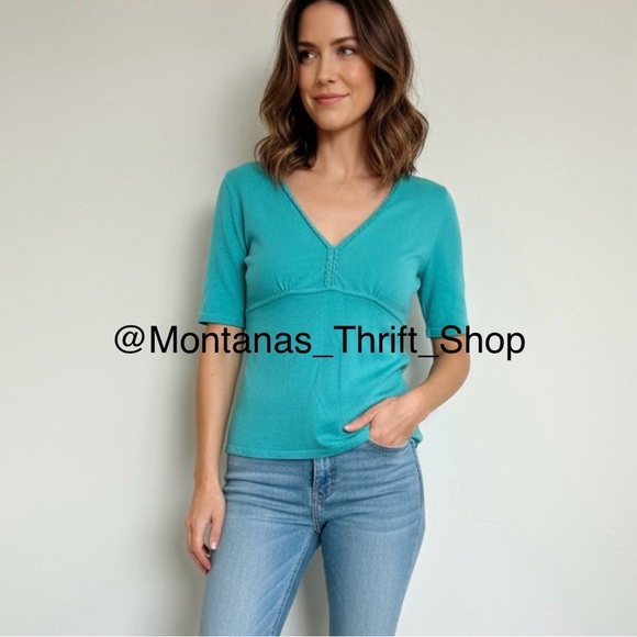 Vintage Malo turquoise teal V-neck short sleeve blouse women’s size medium - Picture 1 of 6